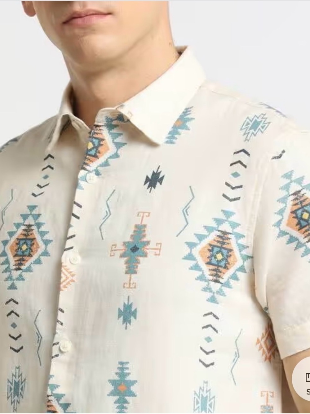 Theory Cream Short-Sleeve Button-Down Shirt with Turquoise & Tan Aztec Print